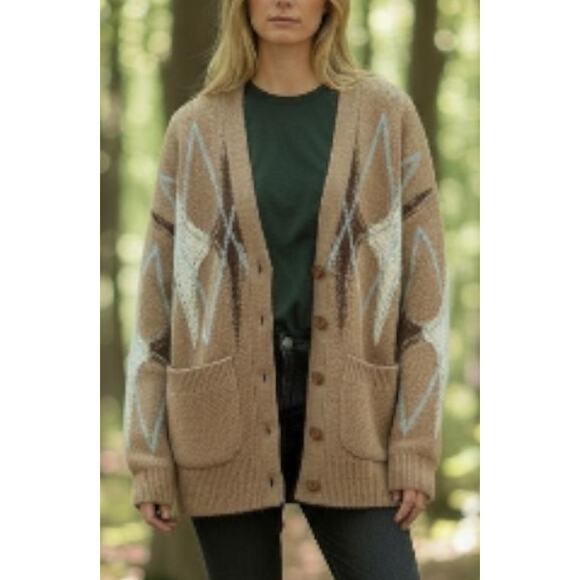 Cider Khaki Argyle Knit Grandpa Cardigan Sweater V-Neck Preppy Aesthetic M NWT - Picture 2 of 9